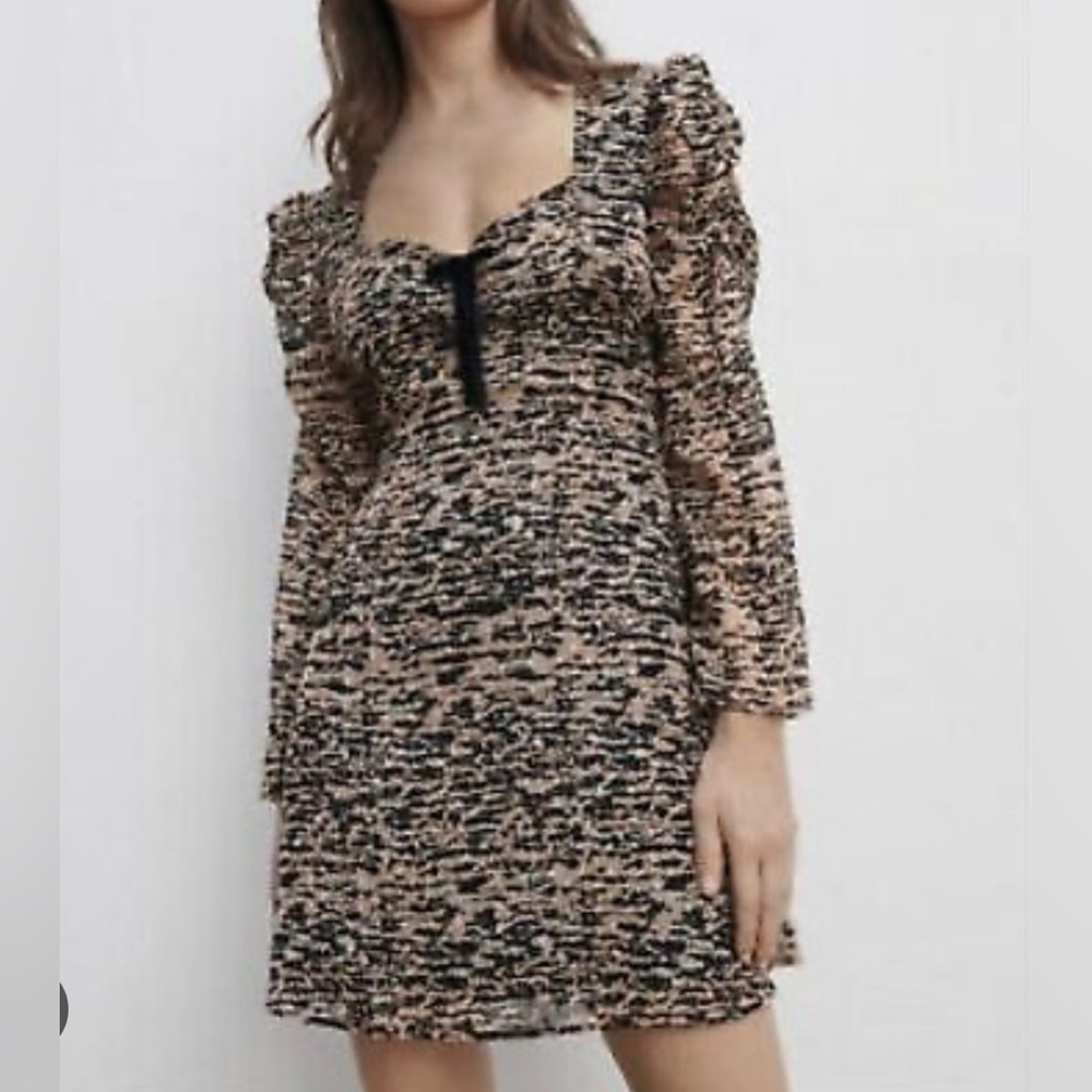 Zara Animal Print Black Tan Puffy Shoulder Long Sleeve Mini Dress Women Medium